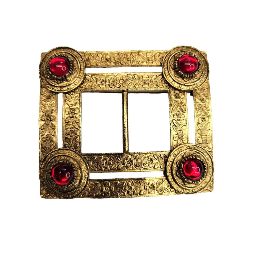 Vintage Gold Tone Floral Red Glass Medallion Rectangle Scarf Pin Brooch CT31